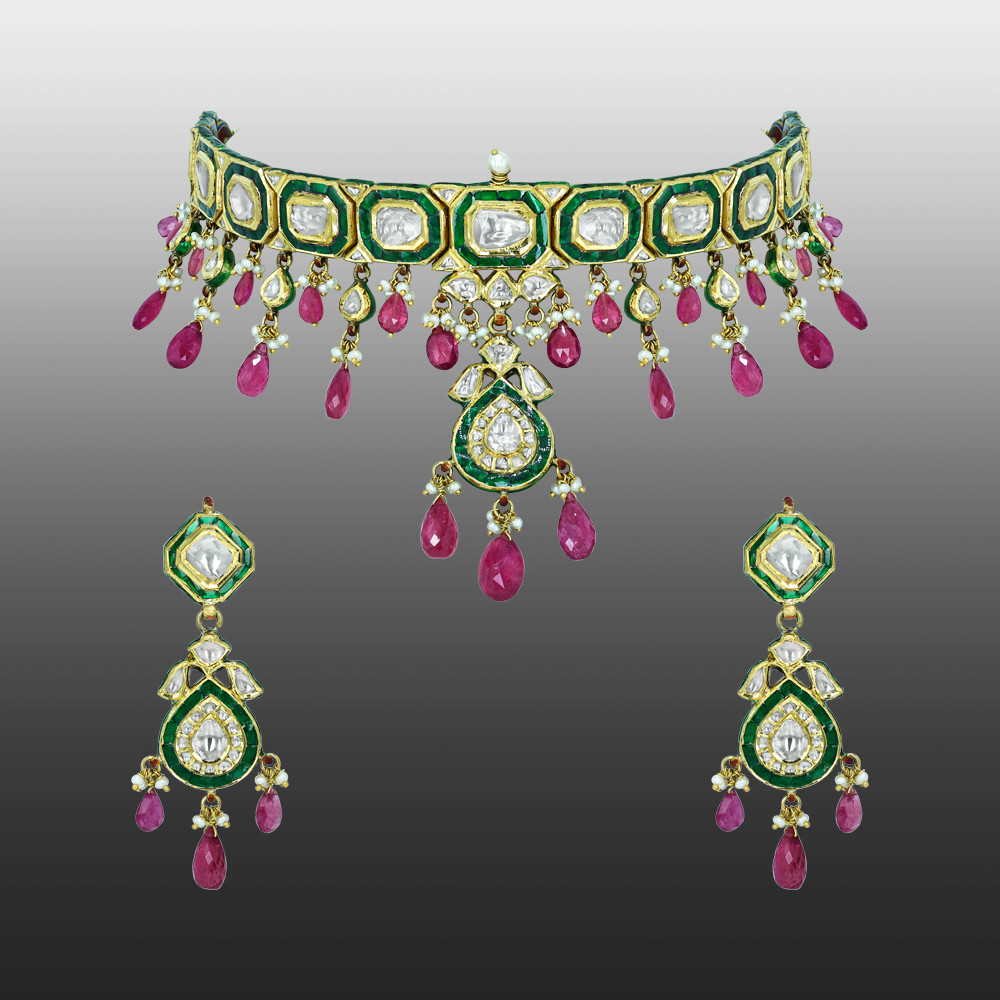 Polki Choker Set with Green Enamel, Tourmaline, and Pearls